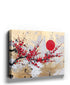 Japanese cherry blossom wall art with red sun on gold background – Zen living room decor