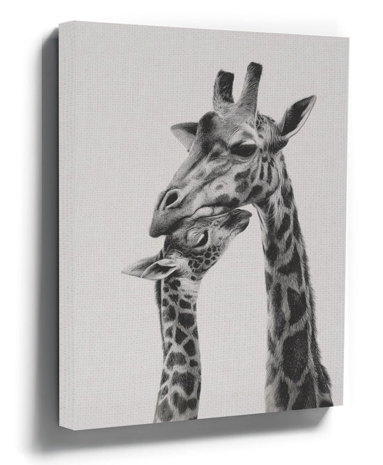 Black and white mother and baby giraffe wall art print, line drawing