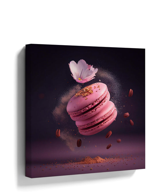 Purple photography wall art print of floating pink macarons with a sakura blossom
