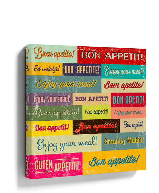 Retro kitchen wall art: multilingual 'Bon Appetit' typography vintage sign
