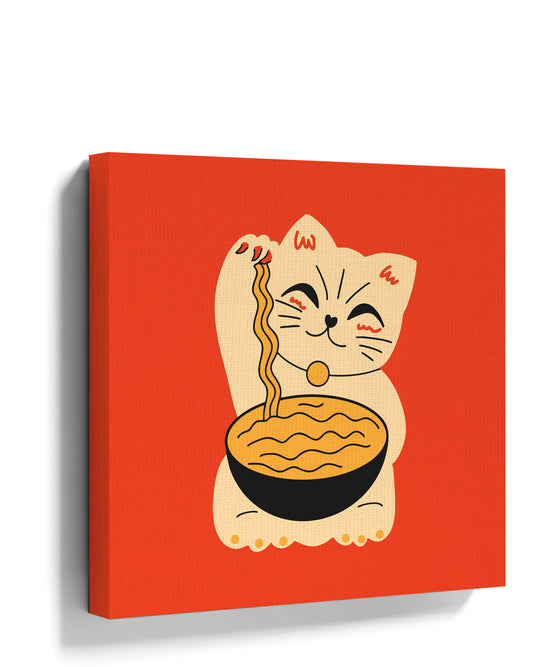 Red minimalist maneki-neko lucky cat with a ramen bowl - wall art illustration