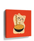 Red minimalist maneki-neko lucky cat with a ramen bowl - wall art illustration
