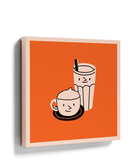 Smiling coffee and milkshake illustration on canvas, minimalist kitchen wall art