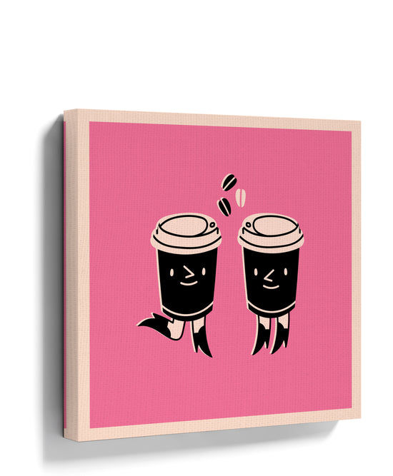 Minimalist pink canvas print with two smiling coffee cups