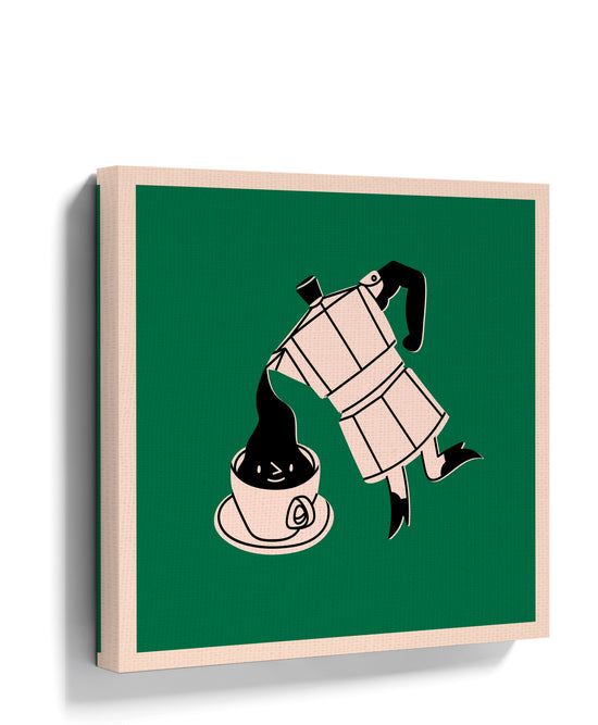 Green pop art coffee wall art featuring a Moka pot pouring coffee
