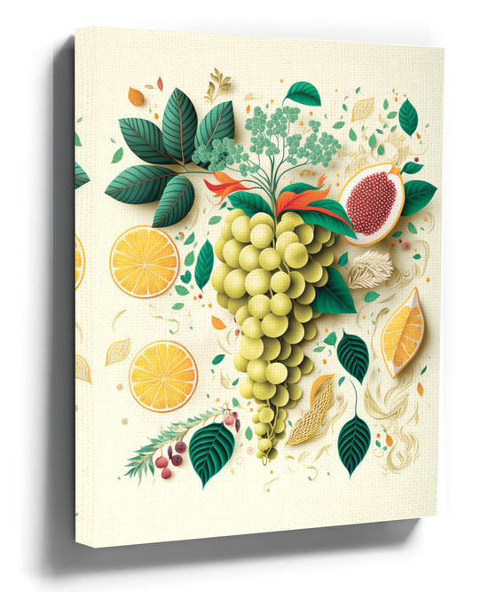Green grape cluster and citrus botanical illustration, kitchen wall art print