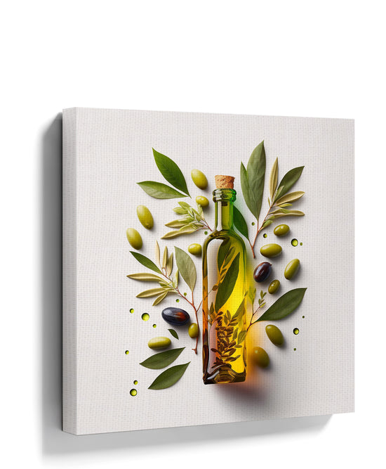 Rustic kitchen wall art featuring a glass olive oil bottle with green and black olives