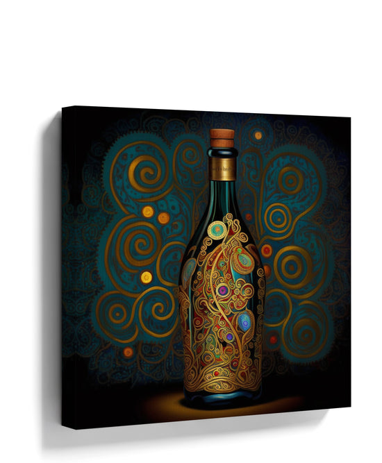 Gustav Klimt-inspired red wine wall art with gold accents, modern wall decor shown in a room setting