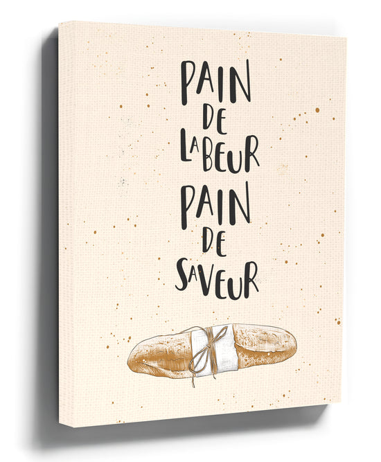 Minimalist kitchen canvas wall art featuring a French baguette illustration and typographic quote