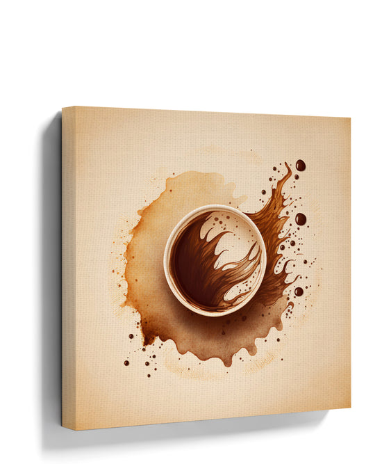 Top-down coffee cup watercolor painting on canvas in brown and beige, minimalist abstract wall art