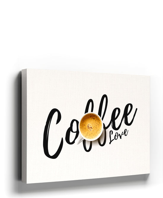 Black and white minimalist Coffee Love typography canvas print with espresso cup