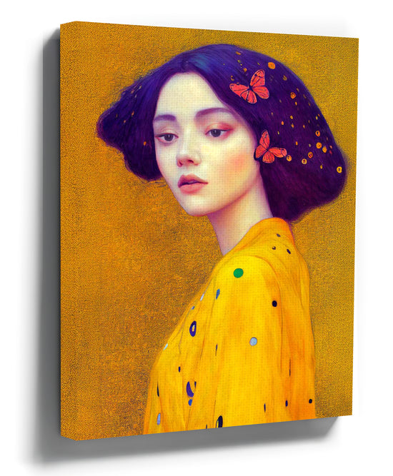 Gustav Klimt-style female portrait with butterflies on a golden yellow background, canvas wall art