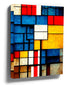 Mondrian-inspired geometric rectangles in primary colors, abstract industrial style wall art
