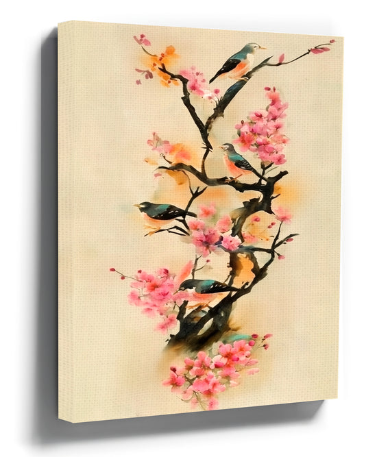 Cherry blossom with swallows watercolor canvas wall art for Japanese style living room decor