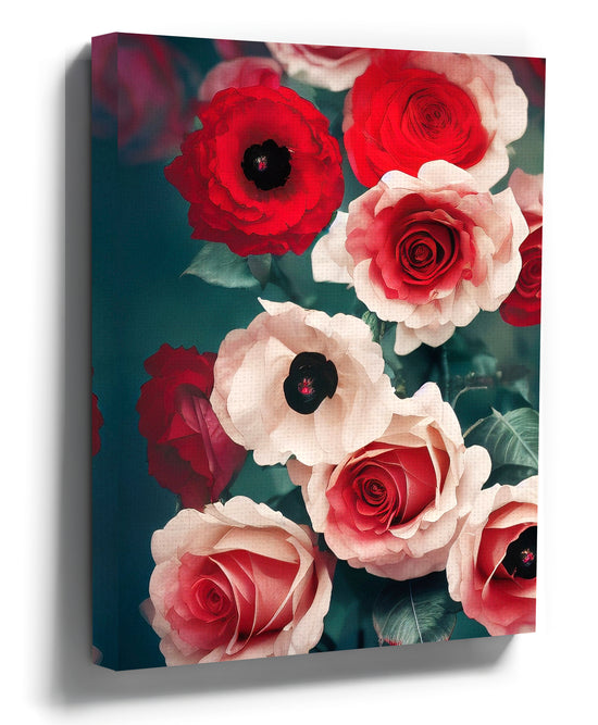 Red and white roses canvas wall art for living room decor