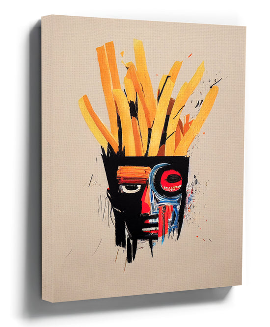 Basquiat-inspired abstract pop art portrait with French fry hair, minimalist kitchen wall art