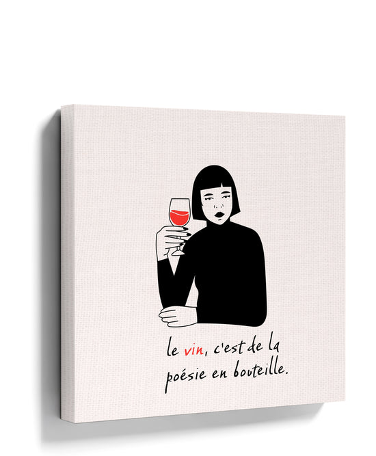 Minimalist black and white wall art print of a woman holding a wine glass