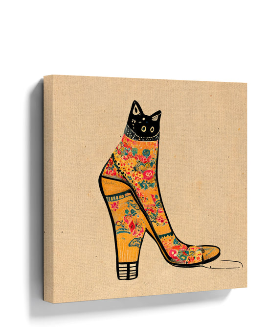 Black cat in a floral high heel – minimalist wall art for living room decor