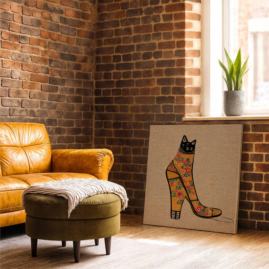 Black cat hidden in a floral shoe - wall art print for industrial living room decor