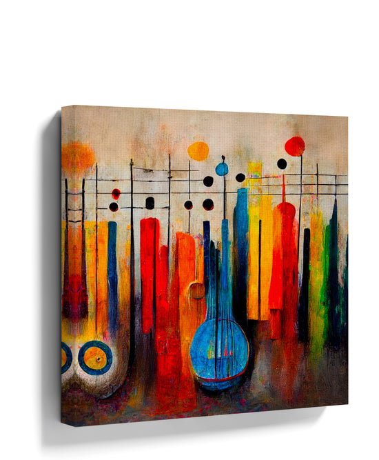 Abstract music canvas wall art with a blue string instrument for living room decor