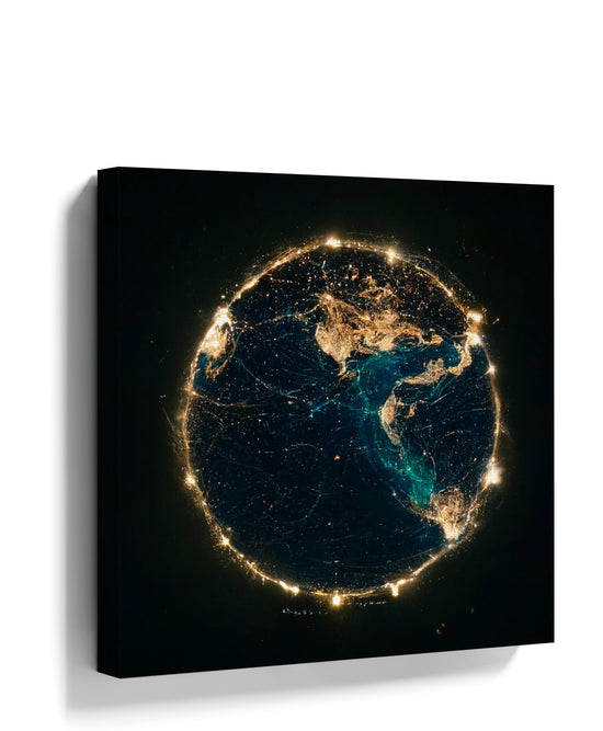 Planet Earth at night wall art with golden and emerald city lights