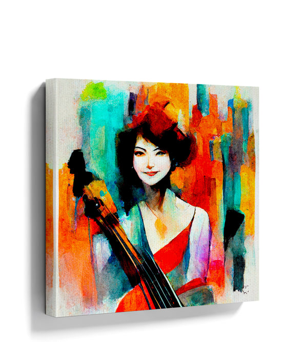 Vibrant cello player canvas wall art for contemporary living room decor