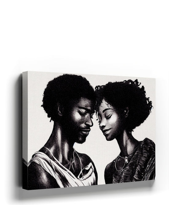 Black and white canvas portrait of a romantic couple with eyes closed