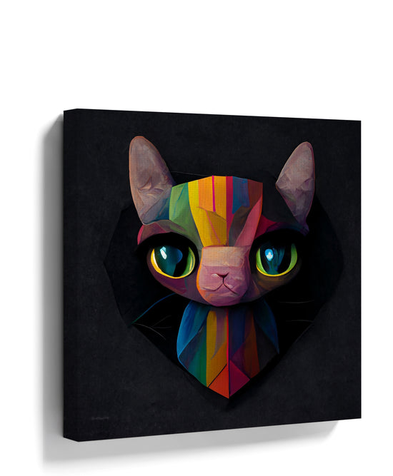 Rainbow cat with glowing eyes portrait wall art for modern living room decor