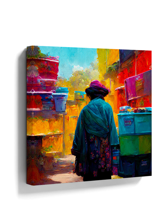 Colorful alleyway wall art with radiant light, styled in a living room