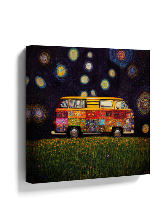 Psychedelic boho canvas wall art featuring a colorful hippie van under a starry night sky – vibrant retro camper art
