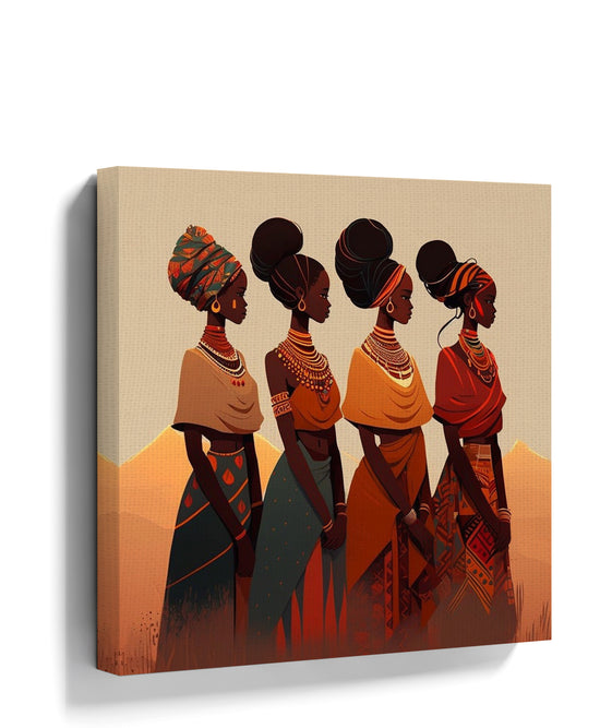 African women wall art: illustration of four adorned women in warm tones