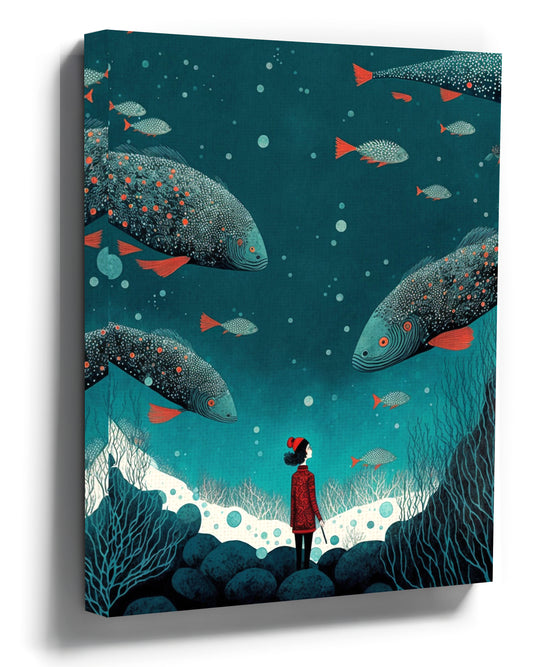 Underwater ocean art print with a young girl explorer and fish - kids' room wall art