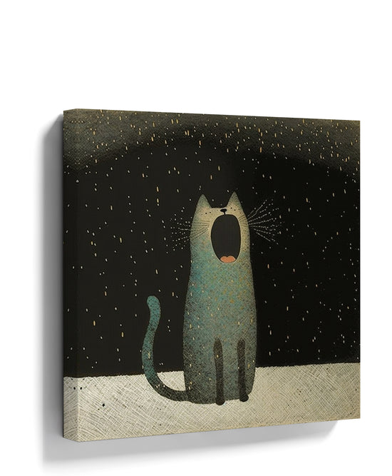 Minimalist canvas wall art of a yawning cat in the snow on a black background