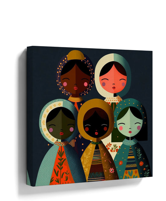 Multicultural dolls illustration wall art print on a midnight blue background