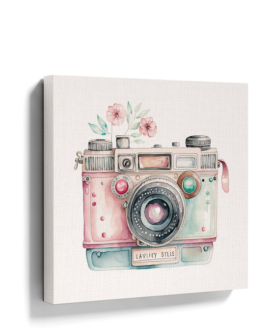 Pastel floral vintage camera wall art for girls' bedroom