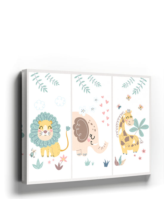 Whimsical pastel nursery wall art - lion, elephant and giraffe
