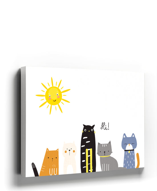 Minimalist canvas print of five colorful cats with a sun – modern wall art