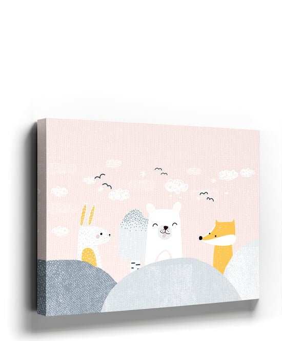 Cute Woodland Animals Enchanted Forest Canvas Wall Art for Minimalist Nursery or Kids' Room