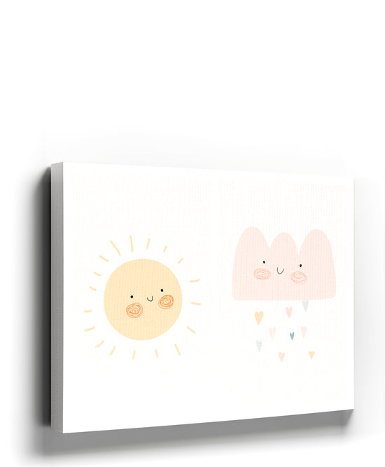 Smiling sun and heart-filled cloud, minimalist pastel canvas for baby nursery