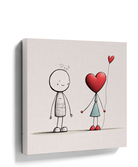 Minimalist wall art print of a smiling boy and a girl with a heart-shaped head holding a red balloon