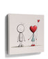 Minimalist wall art print of a smiling boy and a girl with a heart-shaped head holding a red balloon
