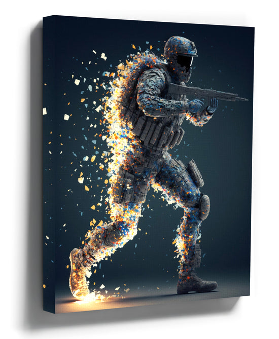 Voxel soldier wall art with a neon-lit portal for an industrial teen bedroom