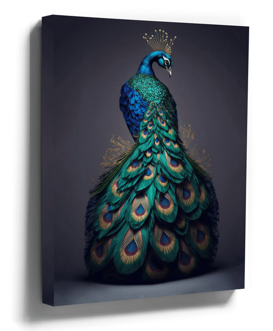 Royal peacock wall art, studio photography in blue, green, and gold tones