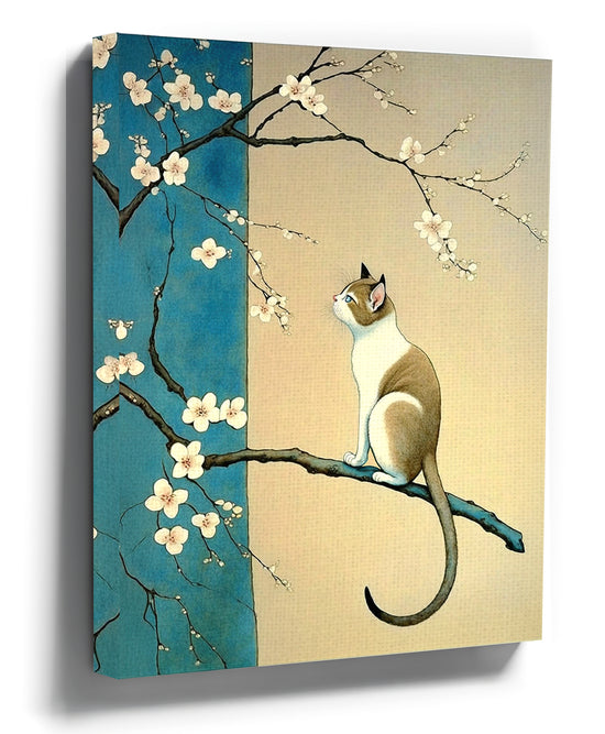 Japanese cat on a cherry blossom tree, blue and beige watercolor canvas art