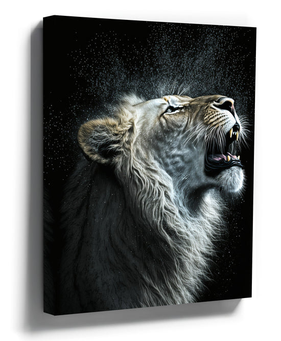 Photorealistic white lion roaring on black background wall art