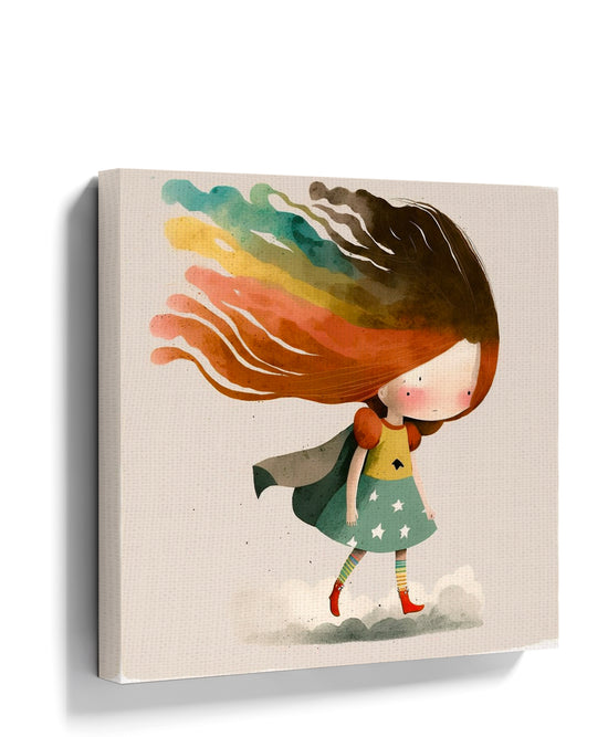 Rainbow-haired girl superhero canvas print for a minimalist kids' bedroom