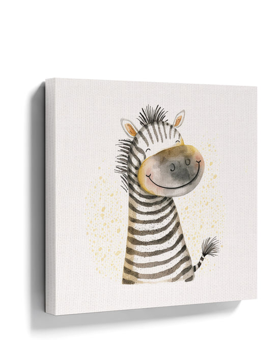 Smiling zebra canvas wall art in a whimsical fairy-tale setting – room scene