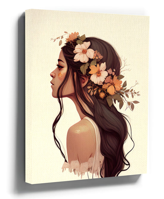 Boho bedroom wall art, portrait of a woman wearing a flower crown
