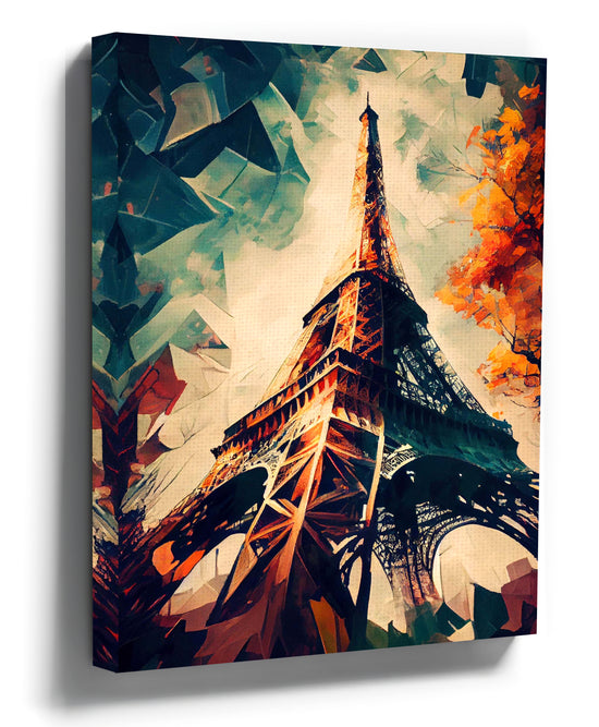 Paris Eiffel Tower geometric wall art, low-angle view, French flag tricolor