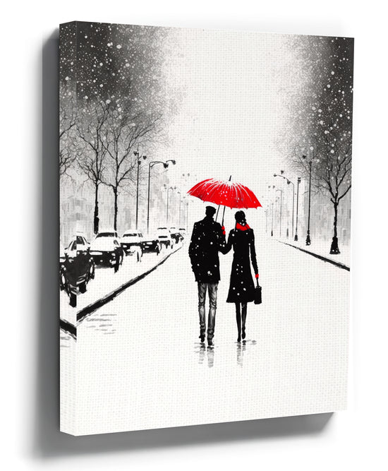 Couple under a red umbrella in a snowy cityscape – minimalist living room wall art